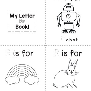 A printable coloring worksheet for the letter R featuring a robot, a rainbow, and a rabbit with tracing lines.