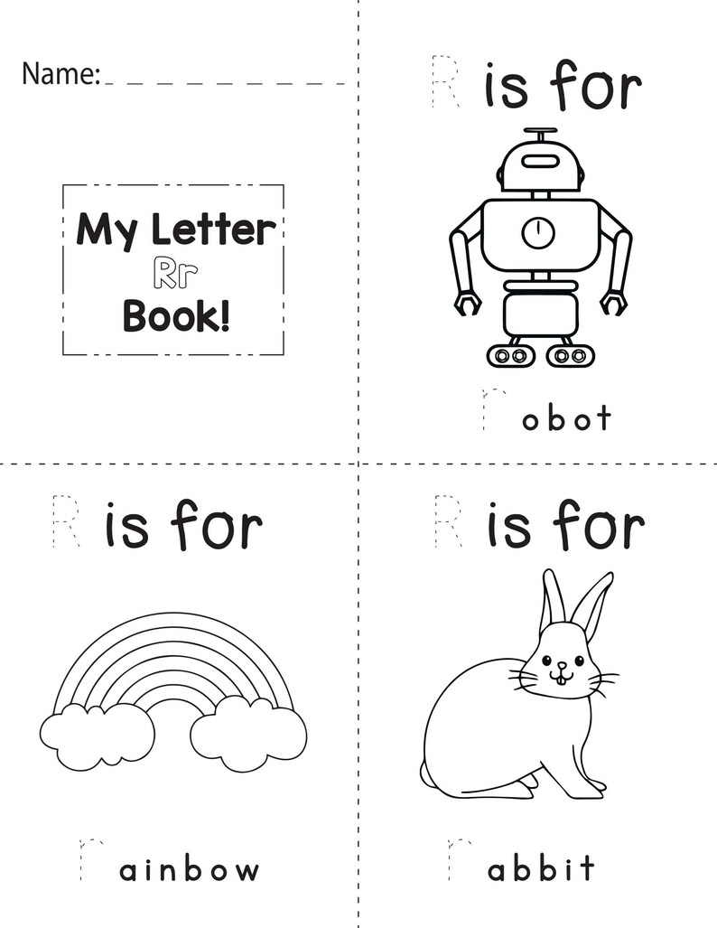 A printable coloring worksheet for the letter R featuring a robot, a rainbow, and a rabbit with tracing lines.