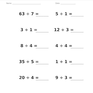 May include: A white educational worksheet titled Division &bull; Single Digit with a gray header. It features ten math problems including 63 &divide; 7, 5 &divide; 1, 3 &divide; 1, 12 &divide; 3, 8 &divide; 4, 4 &divide; 4, 35 &divide; 5, 1 &divide; 1, 20 &divide; 4, and 9 &divide; 3, each with a blank line for the answer.