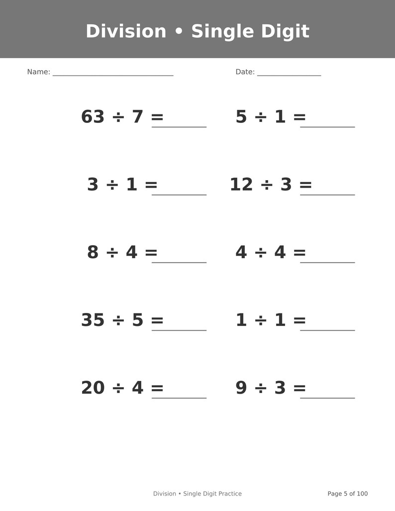 May include: A white educational worksheet titled Division &bull; Single Digit with a gray header. It features ten math problems including 63 &divide; 7, 5 &divide; 1, 3 &divide; 1, 12 &divide; 3, 8 &divide; 4, 4 &divide; 4, 35 &divide; 5, 1 &divide; 1, 20 &divide; 4, and 9 &divide; 3, each with a blank line for the answer.