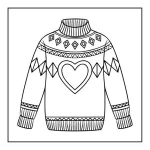 May include: A black and white line art illustration of a long-sleeved sweater featuring a high ribbed collar, ribbed cuffs, and a ribbed hem. The chest area displays a large heart outline surrounded by geometric diamond patterns and horizontal bands.