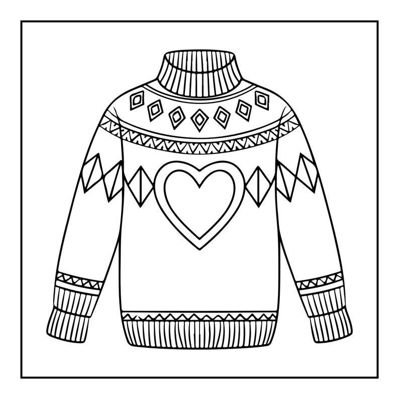 May include: A black and white line art illustration of a long-sleeved sweater featuring a high ribbed collar, ribbed cuffs, and a ribbed hem. The chest area displays a large heart outline surrounded by geometric diamond patterns and horizontal bands.