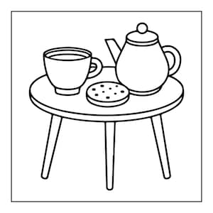 May include: A black and white line art illustration of a round table with three legs. On the table sits a teapot, a cup, and a circular cookie with small dots on its surface. The drawing features bold outlines and a simple, clean graphic style.