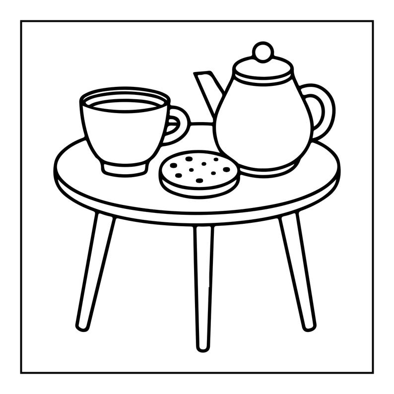 May include: A black and white line art illustration of a round table with three legs. On the table sits a teapot, a cup, and a circular cookie with small dots on its surface. The drawing features bold outlines and a simple, clean graphic style.