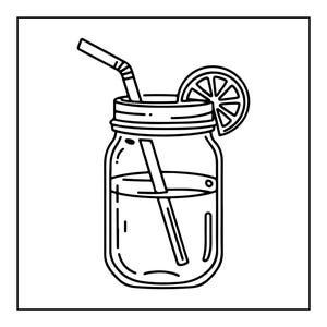 Op de afbeelding: Een zwart-witte lijntekening van een glazen mason jar gevuld met vloeistof. De pot is voorzien van een flexibel rietje dat uit de bovenkant steekt en een ronde schijf citrusvrucht als garnering aan de rand, in een eenvoudige grafische stijl.