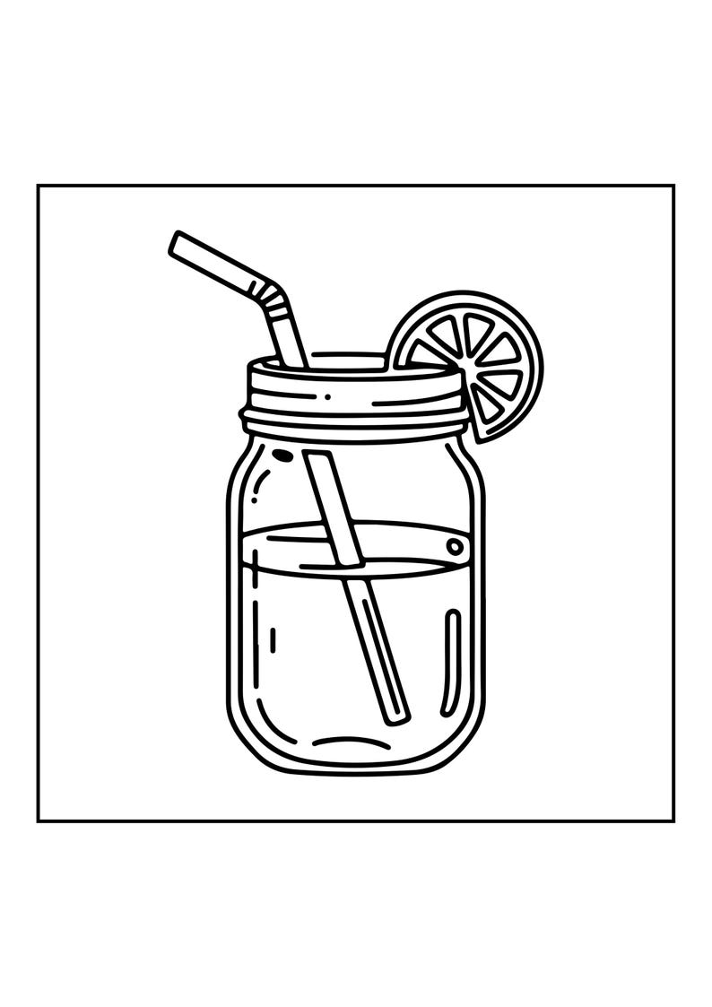 Op de afbeelding: Een zwart-witte lijntekening van een glazen mason jar gevuld met vloeistof. De pot is voorzien van een flexibel rietje dat uit de bovenkant steekt en een ronde schijf citrusvrucht als garnering aan de rand, in een eenvoudige grafische stijl.