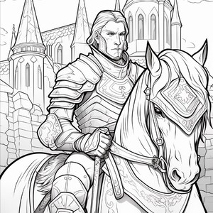 Op de afbeelding: Een zwart-witte lijntekening van een ridder in harnas op een paard. De ridder heeft een serieuze uitdrukking en staat voor een groot stenen kasteel met hoge torens. Het paard draagt een versierd hoofdstel en een zadeldek met patronen.