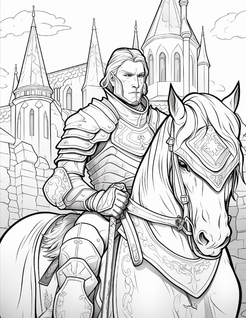 Op de afbeelding: Een zwart-witte lijntekening van een ridder in harnas op een paard. De ridder heeft een serieuze uitdrukking en staat voor een groot stenen kasteel met hoge torens. Het paard draagt een versierd hoofdstel en een zadeldek met patronen.