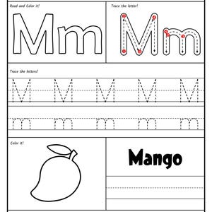A black-and-white alphabet worksheet for the letter M featuring stroke order guides, uppercase and lowercase tracing lines, a coloring picture of a mango, and a letter recognition activity at the bottom.
