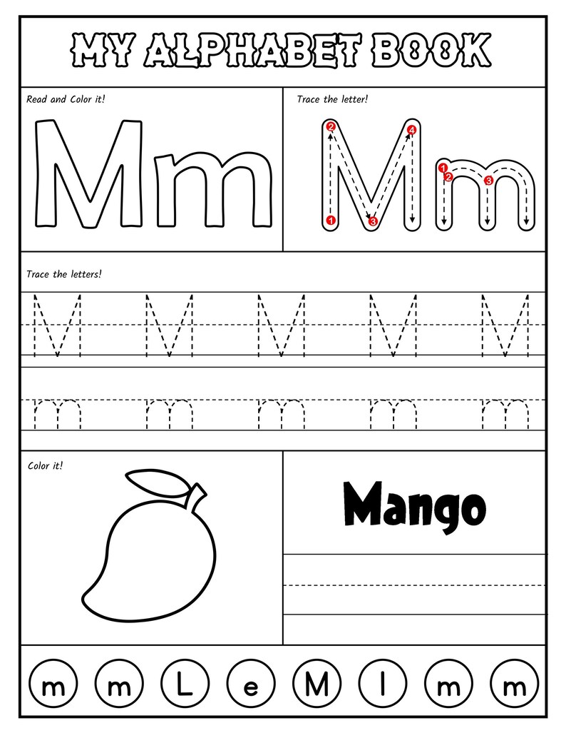 A black-and-white alphabet worksheet for the letter M featuring stroke order guides, uppercase and lowercase tracing lines, a coloring picture of a mango, and a letter recognition activity at the bottom.