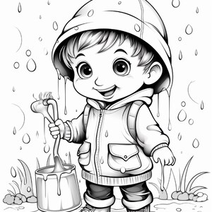 以下が含まれることがあります： フード付きレインコートとポンポン付きの帽子をかぶり、雨の中で水たまりに立っている子供の白黒線画イラスト。子供は取っ手付きの小さなバケツを持っており、周囲には雨粒が描かれています。