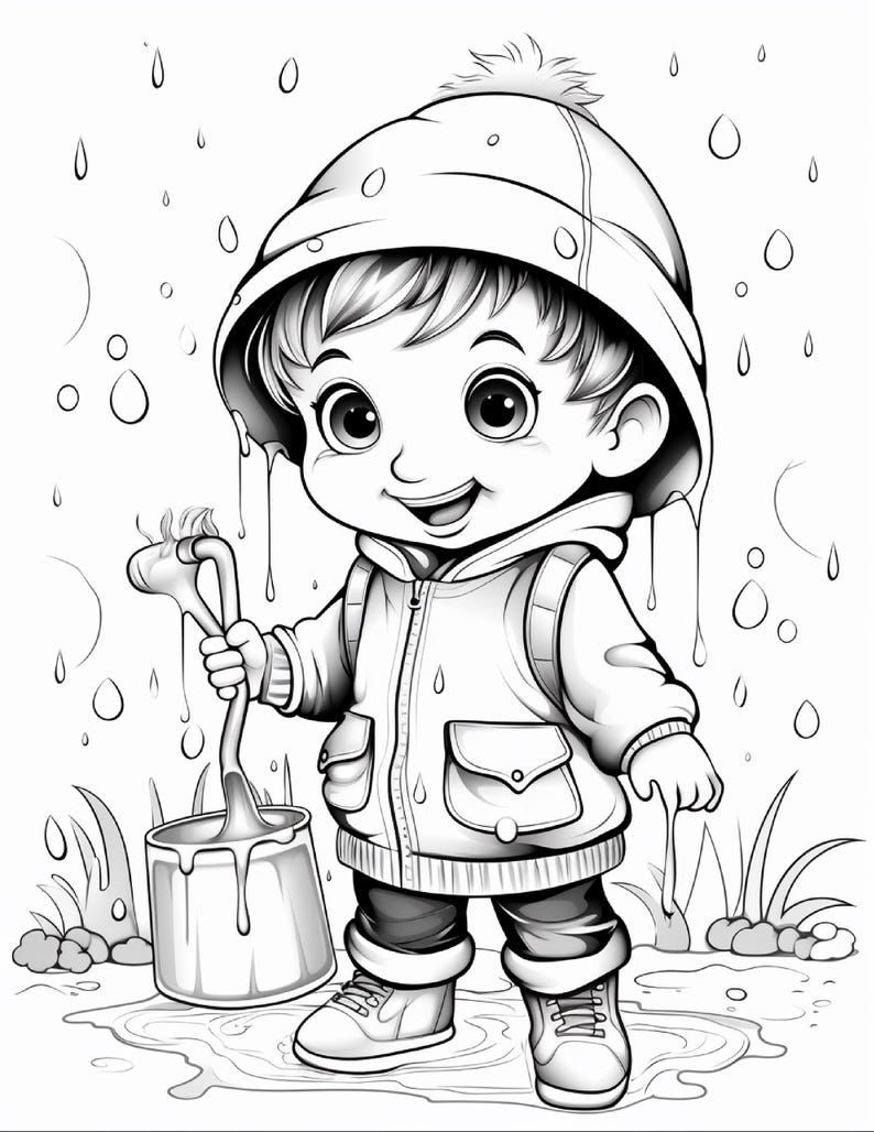 以下が含まれることがあります： フード付きレインコートとポンポン付きの帽子をかぶり、雨の中で水たまりに立っている子供の白黒線画イラスト。子供は取っ手付きの小さなバケツを持っており、周囲には雨粒が描かれています。