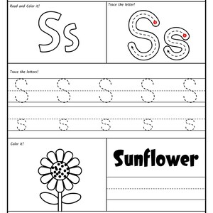 A black-and-white alphabet worksheet for the letter S featuring stroke order guides, uppercase and lowercase tracing lines, a coloring picture of a sunflower, and a letter recognition activity at the bottom.
