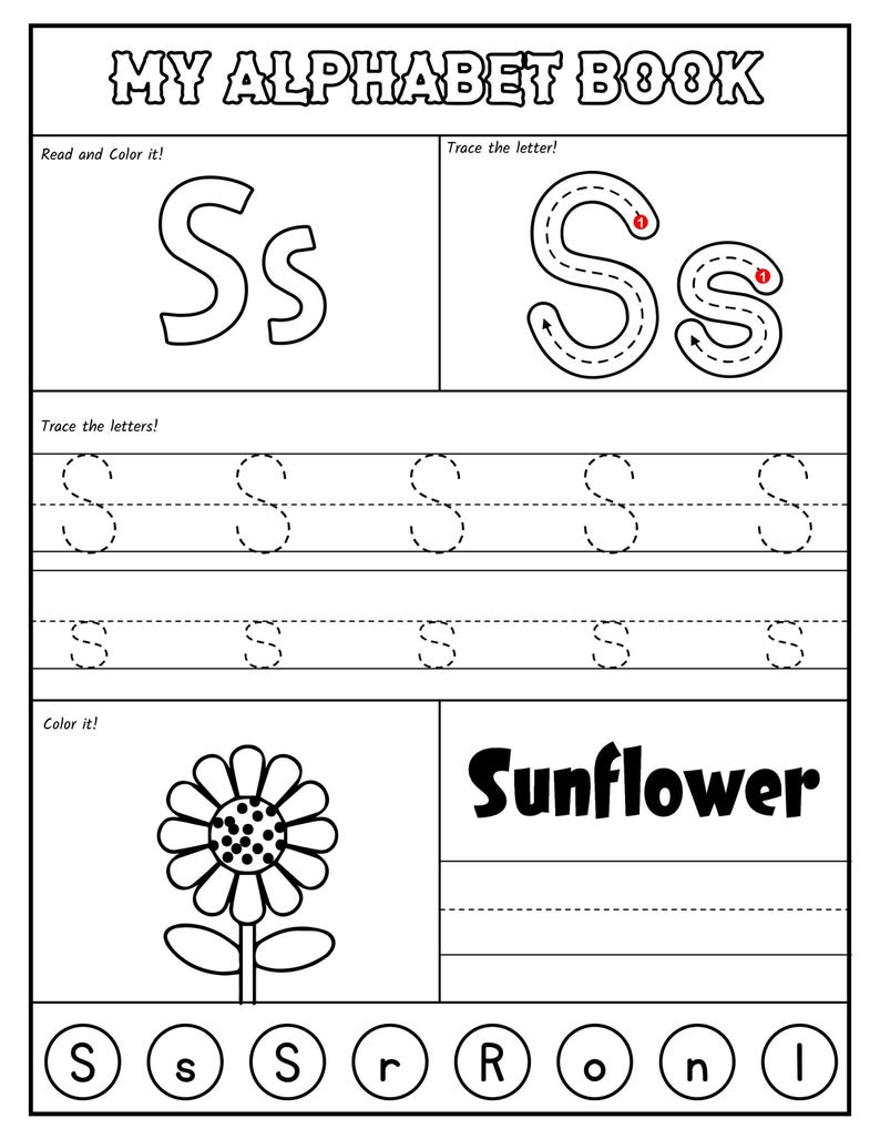 A black-and-white alphabet worksheet for the letter S featuring stroke order guides, uppercase and lowercase tracing lines, a coloring picture of a sunflower, and a letter recognition activity at the bottom.