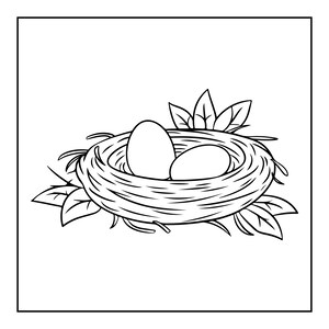 May include: A black and white line art illustration of a bird nest containing two oval eggs. The nest is constructed from woven twigs and branches, with several pointed leaves extending from the base and the back of the structure.