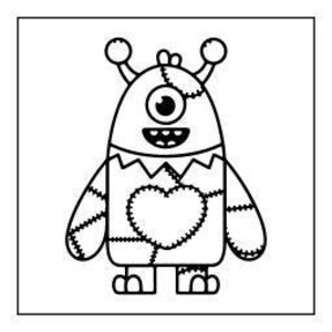 A line art drawing of a one-eyed monster with antennae, stitches, and a heart patch on its chest, set against a square background.