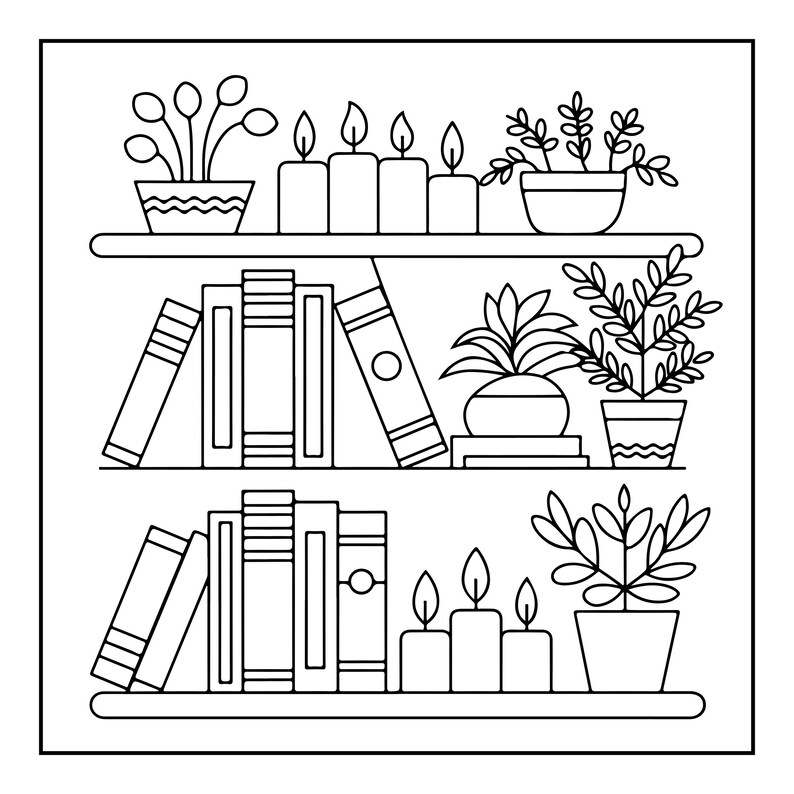 May include: A black and white line art illustration of three shelves containing various items. The shelves feature rows of books, potted plants with different leaf shapes, and groups of lit candles. The design is clean, simple, and symmetrical.