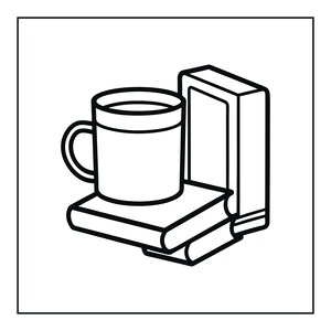 May include: A black and white line art illustration featuring a mug resting on top of a stack of two books. The mug has a simple handle and a flat rim, while the books are depicted with thick outlines, showing their rectangular covers and spines.