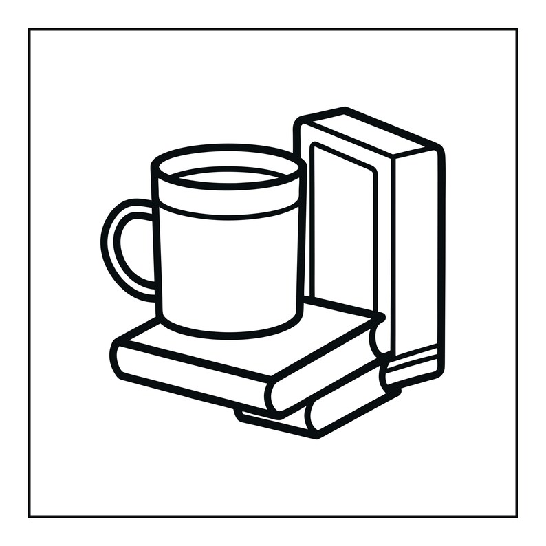 May include: A black and white line art illustration featuring a mug resting on top of a stack of two books. The mug has a simple handle and a flat rim, while the books are depicted with thick outlines, showing their rectangular covers and spines.
