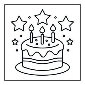 Peut inclure: Une illustration en noir et blanc au trait repr&eacute;sentant un g&acirc;teau rond sur une assiette. Le g&acirc;teau comporte trois bougies allum&eacute;es sur le dessus, entour&eacute;es de cinq &eacute;toiles de tailles vari&eacute;es et de plusieurs petits points circulaires.