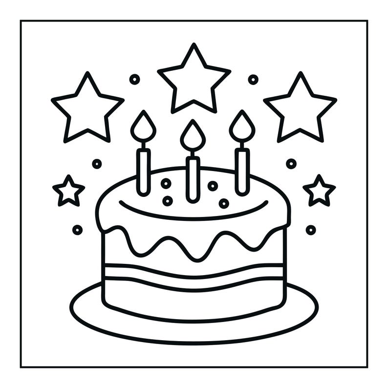 Peut inclure: Une illustration en noir et blanc au trait repr&eacute;sentant un g&acirc;teau rond sur une assiette. Le g&acirc;teau comporte trois bougies allum&eacute;es sur le dessus, entour&eacute;es de cinq &eacute;toiles de tailles vari&eacute;es et de plusieurs petits points circulaires.