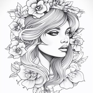 May include: A black and white line art illustration featuring a profile view of a person with long, flowing hair adorned with large, detailed flowers. The artwork uses intricate shading and clean lines to define the facial features and petals.