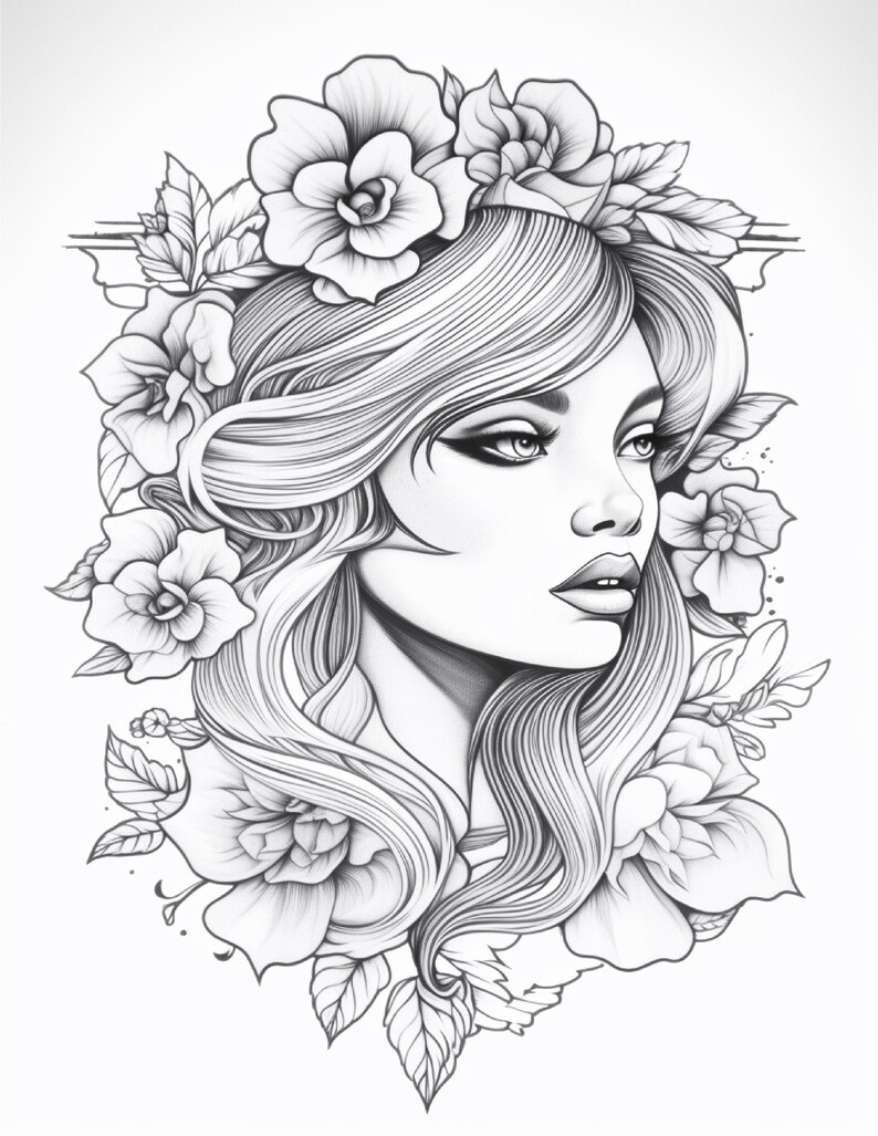 May include: A black and white line art illustration featuring a profile view of a person with long, flowing hair adorned with large, detailed flowers. The artwork uses intricate shading and clean lines to define the facial features and petals.