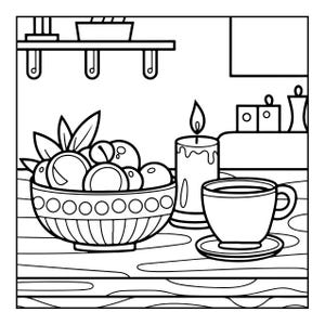 May include: A black and white line art illustration featuring a bowl filled with round fruits and leaves, a lit candle, and a cup on a saucer. The scene is set on a surface with horizontal lines, with a shelf and decorative items in the background.