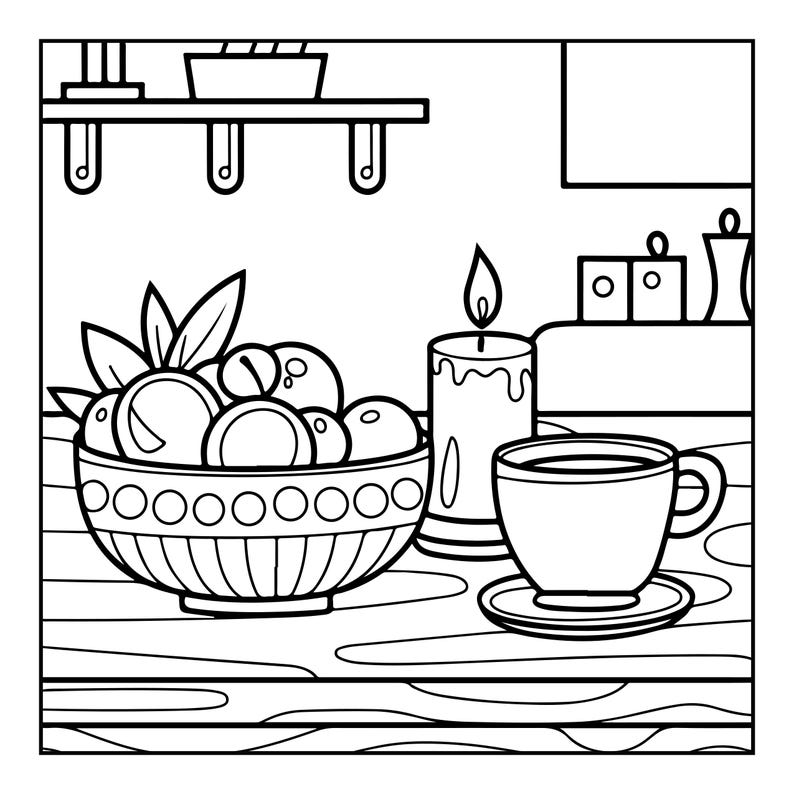 May include: A black and white line art illustration featuring a bowl filled with round fruits and leaves, a lit candle, and a cup on a saucer. The scene is set on a surface with horizontal lines, with a shelf and decorative items in the background.