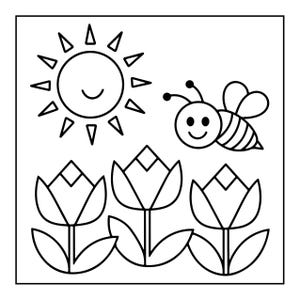 A line drawing of a smiling sun, a smiling bee, and three tulips with leaves.