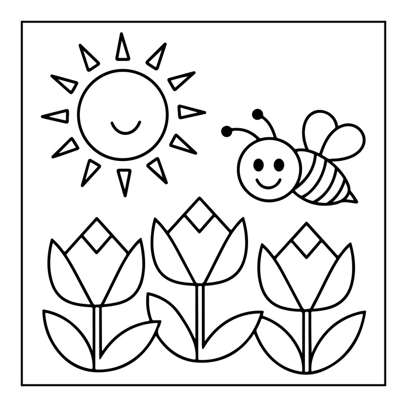 A line drawing of a smiling sun, a smiling bee, and three tulips with leaves.