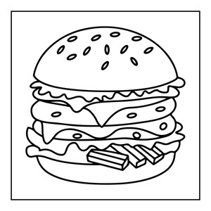 Pu&ograve; includere: Un'illustrazione in bianco e nero a tratto di un doppio cheeseburger. L'hamburger presenta un panino con semi di sesamo, due polpette di carne, strati di formaggio, lattuga e tre patatine fritte rettangolari che sporgono dal fondo.