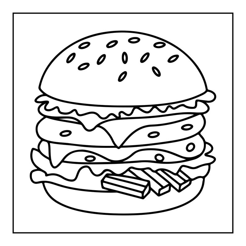 Pu&ograve; includere: Un'illustrazione in bianco e nero a tratto di un doppio cheeseburger. L'hamburger presenta un panino con semi di sesamo, due polpette di carne, strati di formaggio, lattuga e tre patatine fritte rettangolari che sporgono dal fondo.