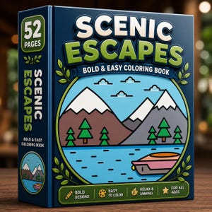 Op de afbeelding: Een donkerblauw kleurboek getiteld Scenic Escapes Bold & Easy Coloring Book met 52 pagina's. De kaft bevat een cirkelvormige illustratie van besneeuwde bergen, groene dennenbomen, een blauw meer en een kleine boot met tekstpictogrammen.