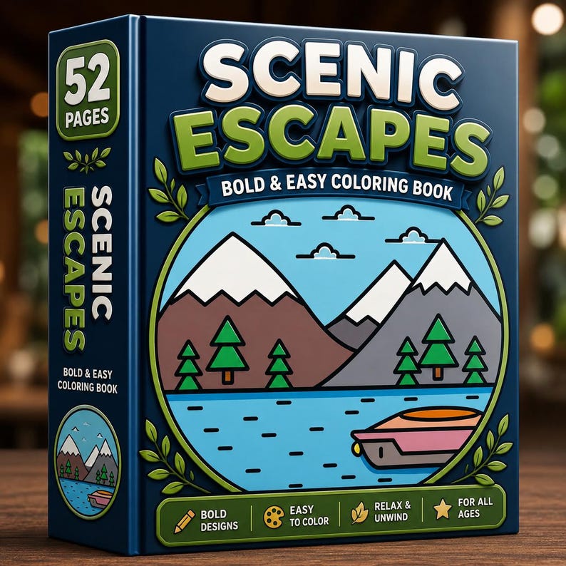 Op de afbeelding: Een donkerblauw kleurboek getiteld Scenic Escapes Bold & Easy Coloring Book met 52 pagina's. De kaft bevat een cirkelvormige illustratie van besneeuwde bergen, groene dennenbomen, een blauw meer en een kleine boot met tekstpictogrammen.