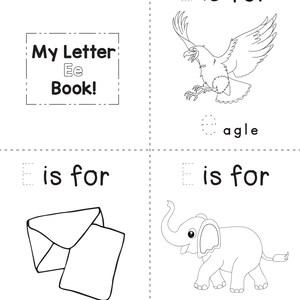 A printable coloring booklet page for the letter E featuring dotted tracing text and outlines of an eagle, envelope, and elephant.