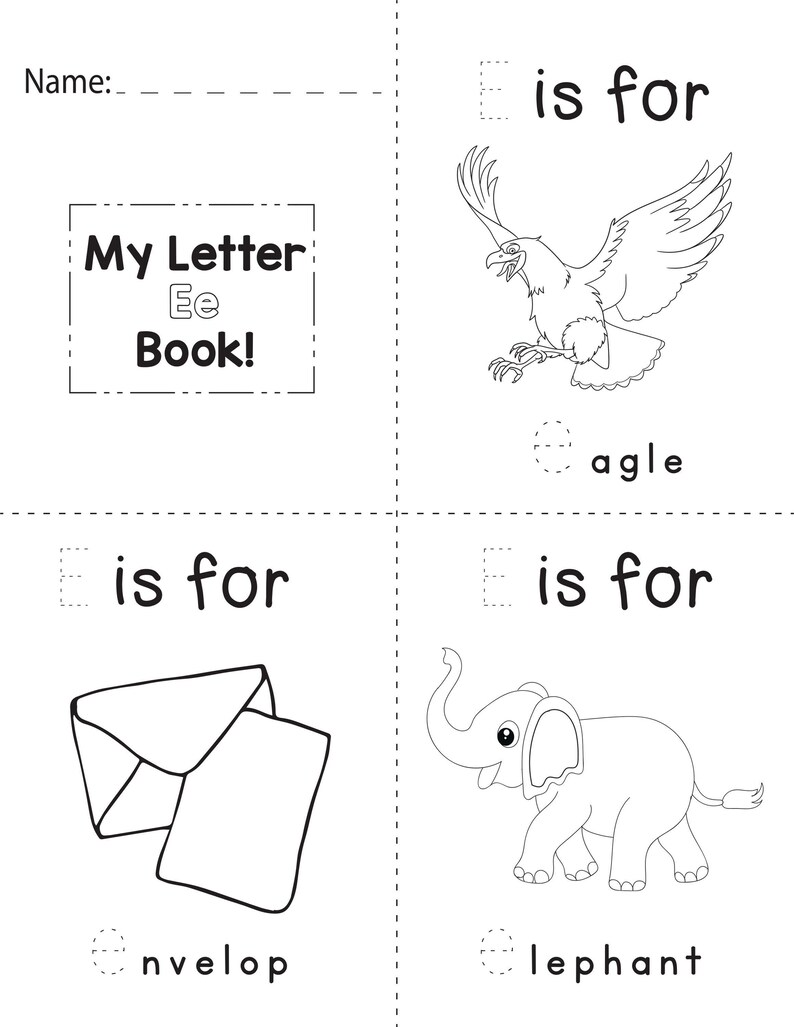 A printable coloring booklet page for the letter E featuring dotted tracing text and outlines of an eagle, envelope, and elephant.