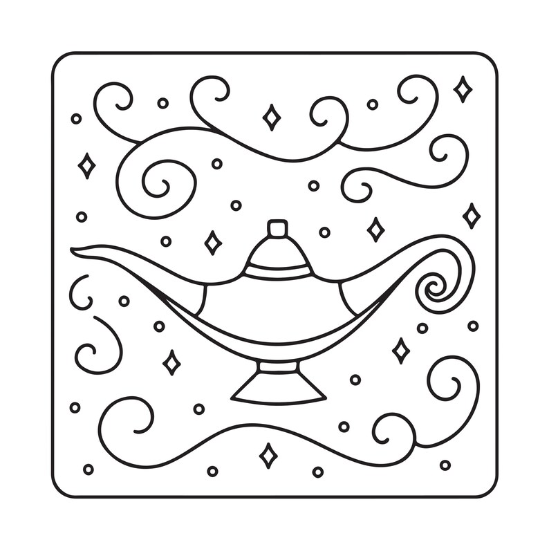 May include: A black and white line art illustration of a genie lamp centered within a square frame. The design features swirling decorative flourishes, small circles, and diamond-shaped stars surrounding the central oil lamp icon.