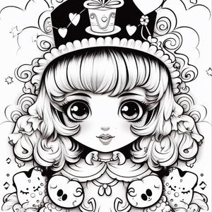 Op de afbeelding: Een zwart-wit lijntekening van een personage met grote ogen en volumineus krullend haar, met een hoge hoed versierd met een geschenkdoos en hartvormen. Het personage is omringd door decoratieve wolken, sterren en kleine wezens.