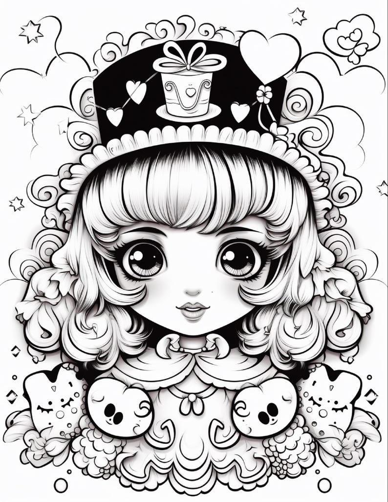 Op de afbeelding: Een zwart-wit lijntekening van een personage met grote ogen en volumineus krullend haar, met een hoge hoed versierd met een geschenkdoos en hartvormen. Het personage is omringd door decoratieve wolken, sterren en kleine wezens.