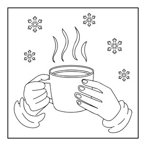 May include: A black and white line art illustration showing a mug held by two hands with sleeves. Steam rises from the top of the mug, and four distinct snowflake shapes are positioned around the mug against a plain white background.