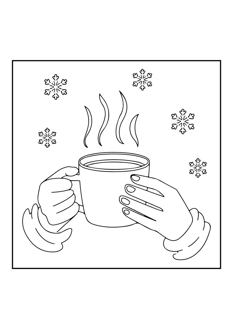 May include: A black and white line art illustration showing a mug held by two hands with sleeves. Steam rises from the top of the mug, and four distinct snowflake shapes are positioned around the mug against a plain white background.