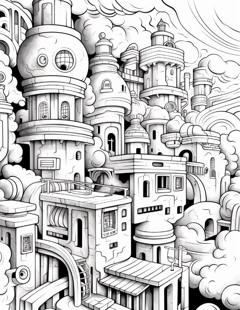Fantasy City Coloring Book | Whimsical Rainbow Pages, Magical World (PDF Download) image 3