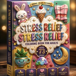 Może przedstawiać: Kolorowanka w twardej oprawie zatytułowana Stress Relief Coloring Book For Adults z 73 stronami. Okładka zawiera kolorowe ilustracje w stylu 3D przedstawiające kr&oacute;lika, lody, roślinę w filiżance, księżyc i gwiazdy z napisem Unwind Relax Recharge.