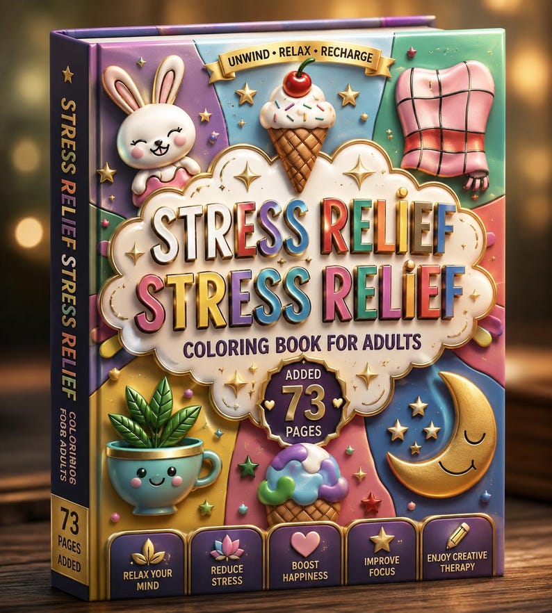 Może przedstawiać: Kolorowanka w twardej oprawie zatytułowana Stress Relief Coloring Book For Adults z 73 stronami. Okładka zawiera kolorowe ilustracje w stylu 3D przedstawiające kr&oacute;lika, lody, roślinę w filiżance, księżyc i gwiazdy z napisem Unwind Relax Recharge.