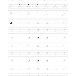 A handwriting practice page featuring dotted lowercase letter a on lined paper.