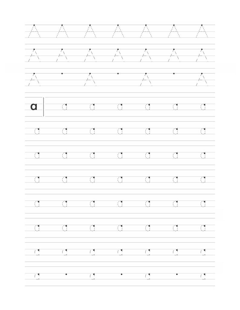 A handwriting practice page featuring dotted lowercase letter a on lined paper.