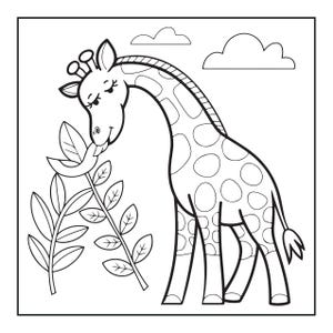 以下が含まれることがあります： 斑点模様のキリンが植物の葉を食べている様子を描いた、白黒の塗り絵用イラスト。キリンは長い首、頭に角、閉じた目をしています。空には2つの雲が見えます。