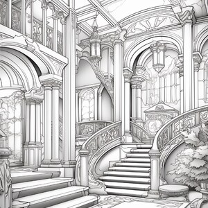 Puede incluir: Una ilustraci&oacute;n de arte lineal en blanco y negro de un gran vest&iacute;bulo interior con una escalera curva, columnas ornamentadas, puertas arqueadas, linternas colgantes y barandillas decorativas. Incluye un suelo con patrones y una planta peque&ntilde;a.