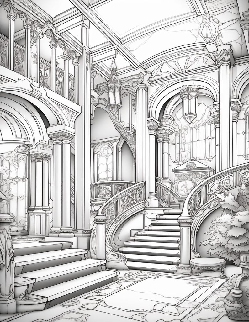 Puede incluir: Una ilustraci&oacute;n de arte lineal en blanco y negro de un gran vest&iacute;bulo interior con una escalera curva, columnas ornamentadas, puertas arqueadas, linternas colgantes y barandillas decorativas. Incluye un suelo con patrones y una planta peque&ntilde;a.